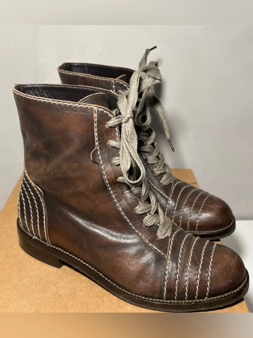 Henry Cuir Vertigo Treccia Brown Leather Lace Up Boots 37.5 US 7